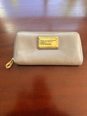 Marc by Marc Jacobs Taupe Leather Zip Wallet with Gold Plaque
